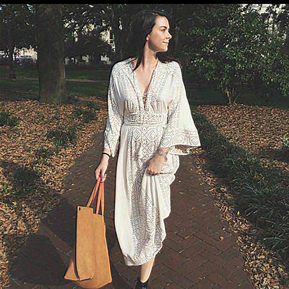 Free people bohemian printed v neck bell‎ sleeve flowy mid length dress w/ tie - Picture 4 of 12